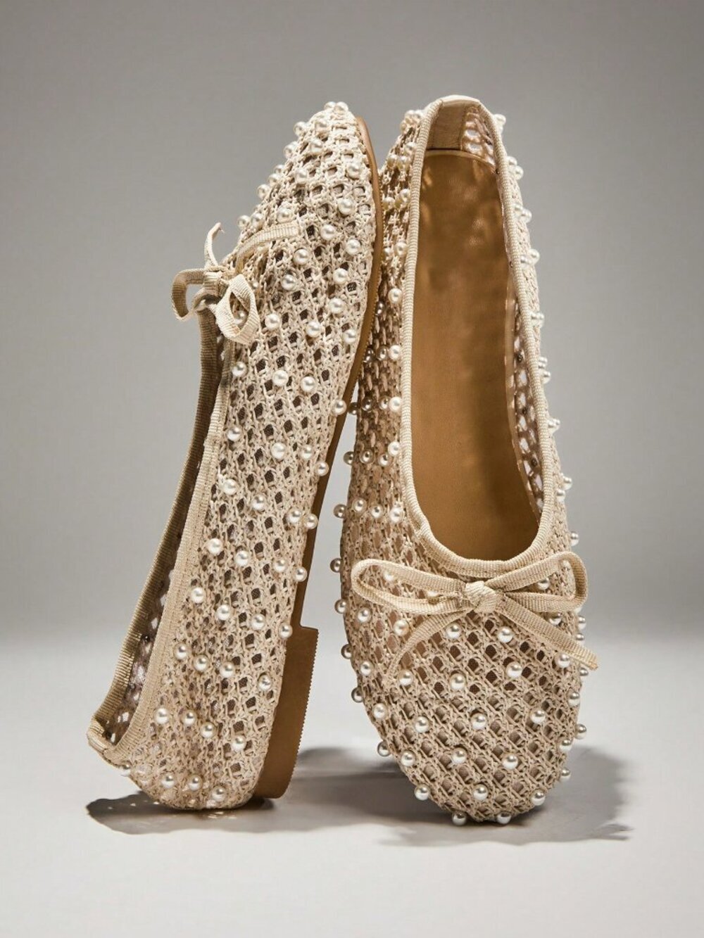 Beige Women's Crochet Mary Jane Ballet Flats with Pearls details